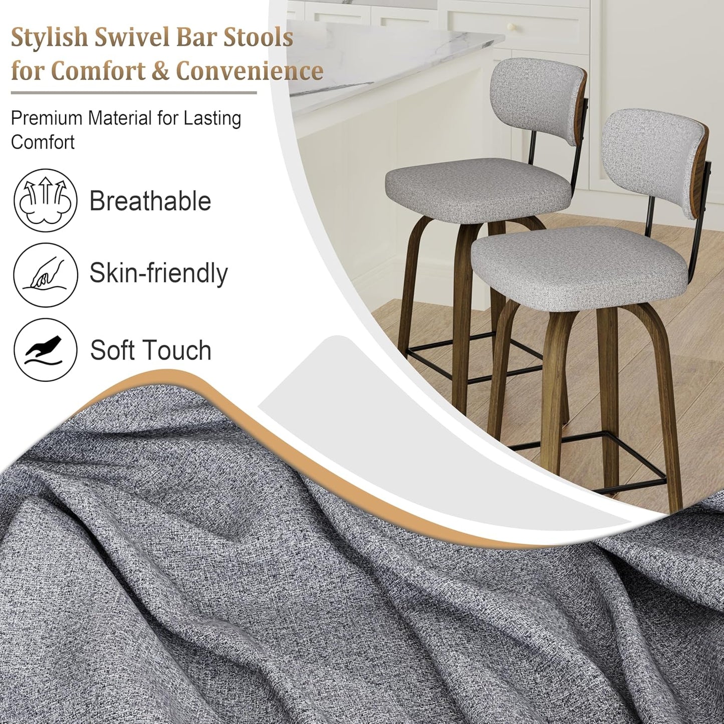 Swivel Counter Height Bar Stools with Back Set of 2, 26" Fabric Upholstered Kitchen Bar Stools with Wood Legs and Metal Footrest for Kitchen Island (Grey Fabric)
