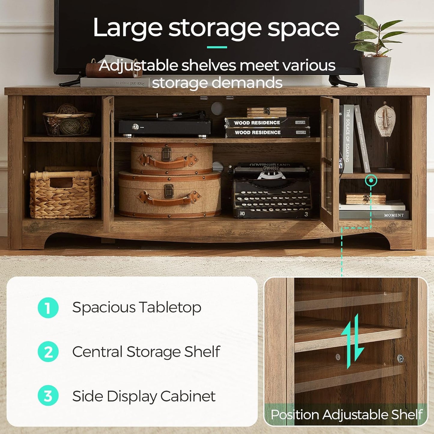 LINSY HOME Farmhouse TV Stand for 65 Inch TV, Wood Entertainment Center with Glass Door Storage Cabinet & Adjustable Shelves, Large Sturdy Console Table for Living Room & Bedroom