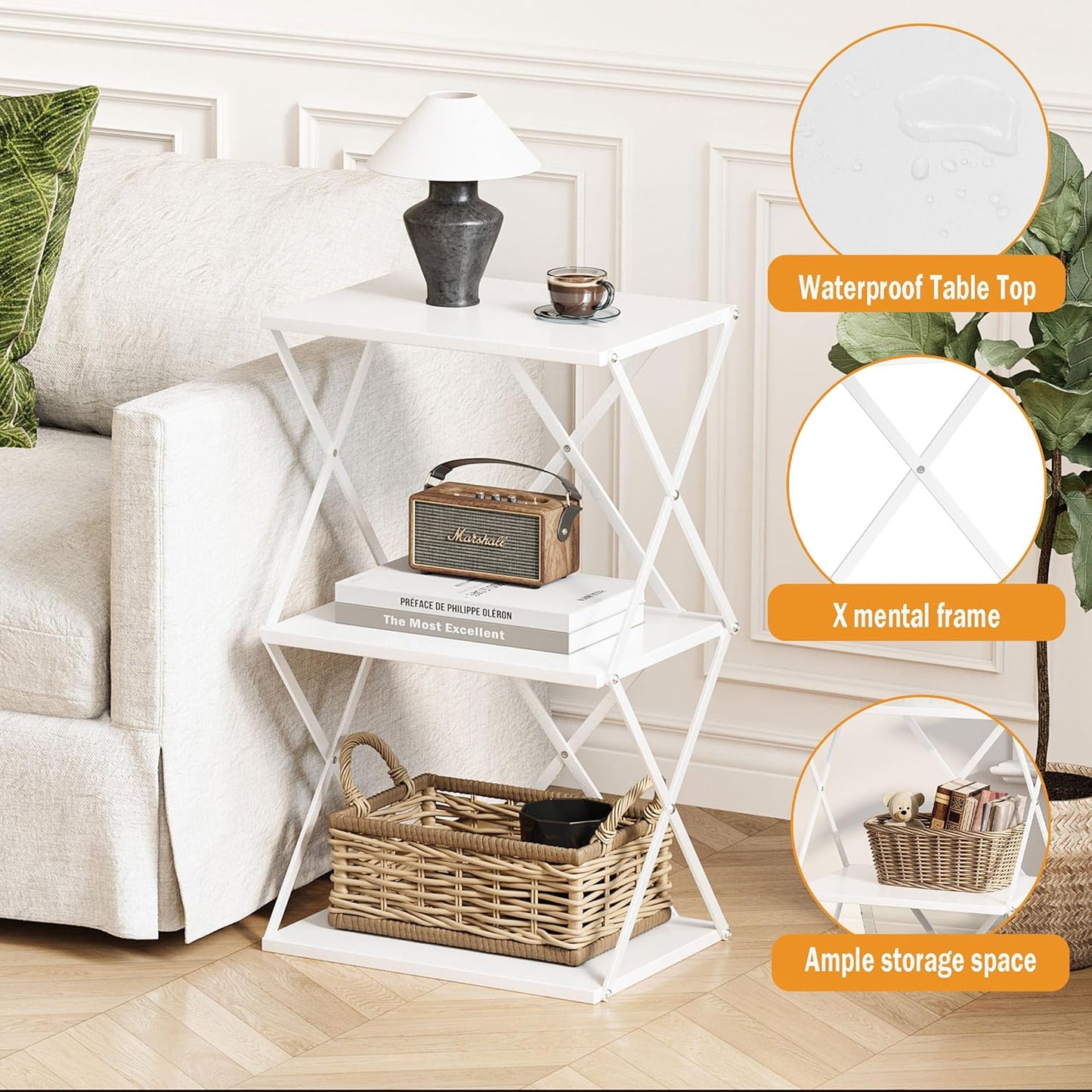 3-Tier End Table Set of 2 Small Side Table Tall Bedside Night Stand with Storage Sofa Side desks for Living Room Bedroom Office Bathroom Small Space White ET-03W-2