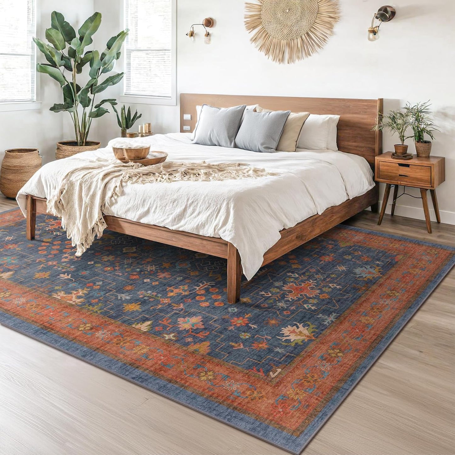 6x9 Dining Room Rugs for Under Table - Washable Area Rug for Living Room, Low Pile Non-Slip Rugs for Bedroom - Navy Blue & Terracotta Vintage Boho Eclectic Home Decor