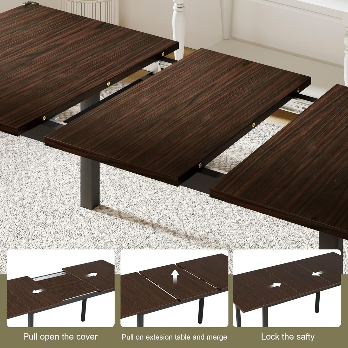 Feonase 63" Extendable Kitchen Table, Modern Farmhouse Dining Table for 4-8, Wooden Dining Room Table for Small Space, Dining Room, Home Office, Living Room Furniture, Espresso