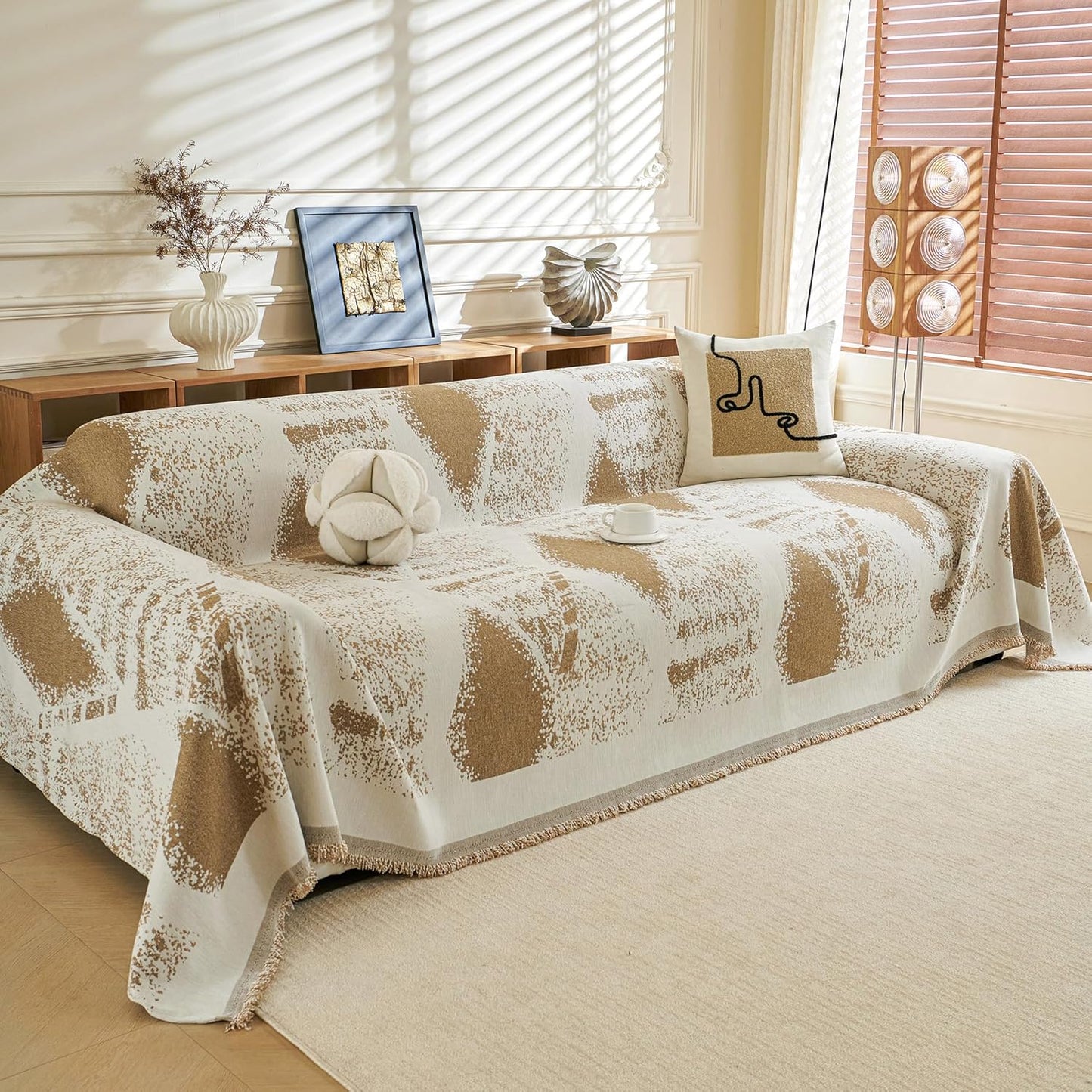 MYSKY HOME Sectional Couch Cover Khaki Geometric Rhombic Sofa Covers for Sectional Sofa L Shape Chenille Couch Protector for Dogs Pets Couch Throw Cover Washable Durable for Home Decor, 71" X118"