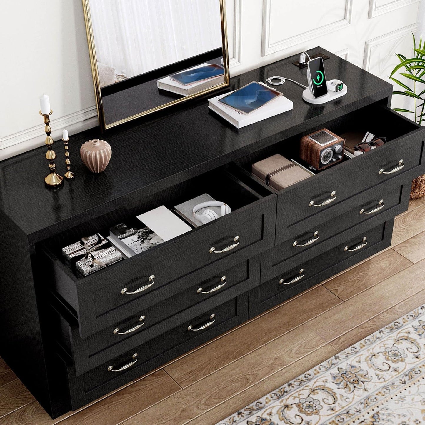 YITAHOME Drawers TV Stand for 65 inches with Power Outlets -Chest of Drawers Dresser with Side Organizer Bag Entertainment Center TV Console, Black