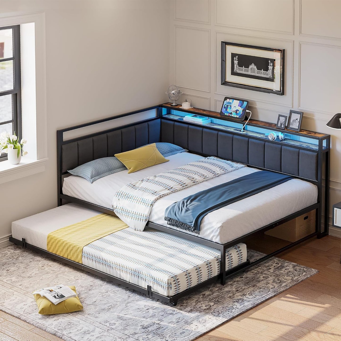 LIKIMIO Corner Full Bed Frame with Trundle, Upholstered Storage Headboard & LED Lights, Full Size Daybed with Charging Station, Sturdy Platform Metal Frame for Living Room, Bedroom, Guest Room, Gray