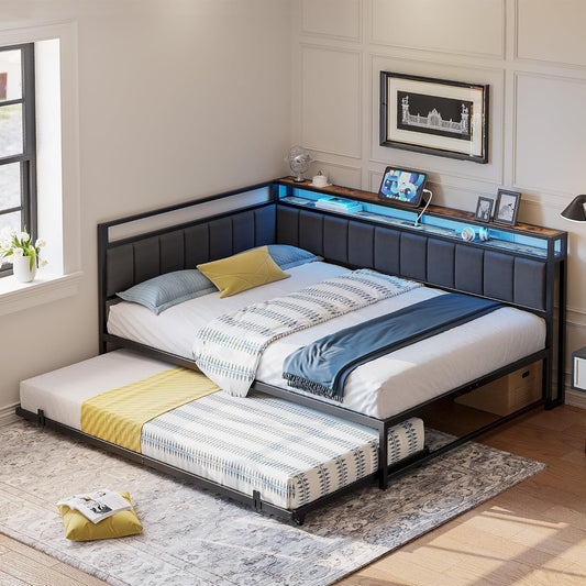 LIKIMIO Corner Full Bed Frame with Trundle, Upholstered Storage Headboard & LED Lights, Full Size Daybed with Charging Station, Sturdy Platform Metal Frame for Living Room, Bedroom, Guest Room, Gray