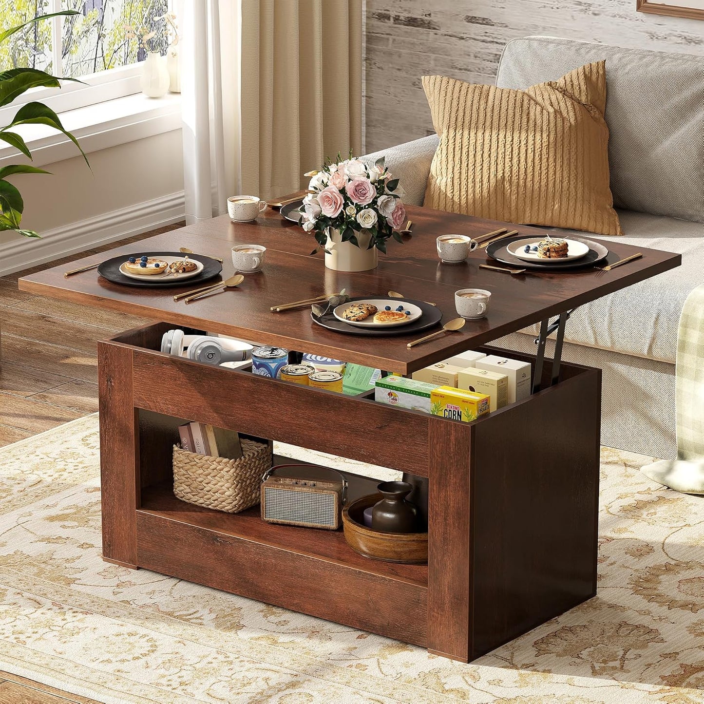 40" Lift Top Coffee Table, 4 in 1 Multi-Function Lift Coffee Table with Storage and Hidden Compartment, Convertible Coffee Tables to Dining Table for Living Room, Walnut