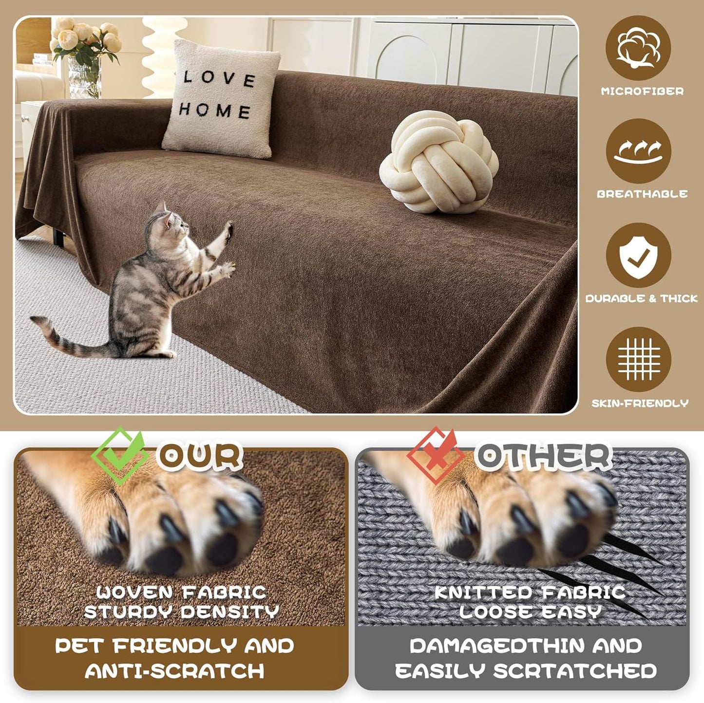 MYSKY HOME Sectional Couch Covers, Couch Cover 3 Cushion Sofa, Couch Covers for Pet, Dog Couch Protector, L Shape Sofa Cover Sofa Slipcovers Washable Furniture Covers for Pets, 91" x 134", Dark Brown