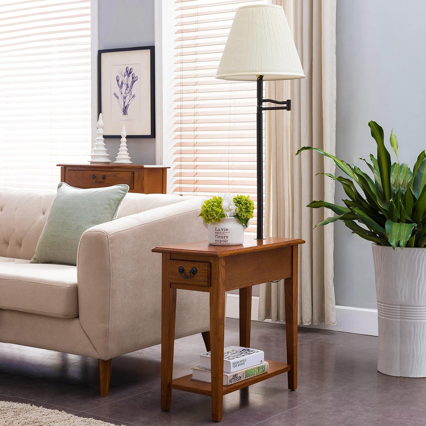 Haven Ridge Solid Wood Side Table with Built-In Swing Arm Lamp and Drawer, Medium Oak Brown, Perfect for Entryways, Living Rooms, and Small Spaces – Leick Home, 9037-MED