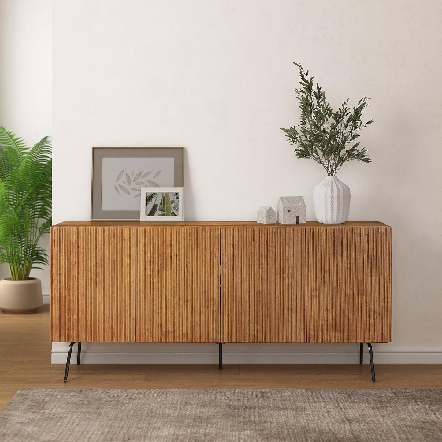 NTC Veil Modern Sideboard with 4 Doors, Buffet Cabinet with Vertical Groove Design and Metal Legs, Storage Cabinet for Living Room, and Hallway, Effortless Assembly, Teak Look