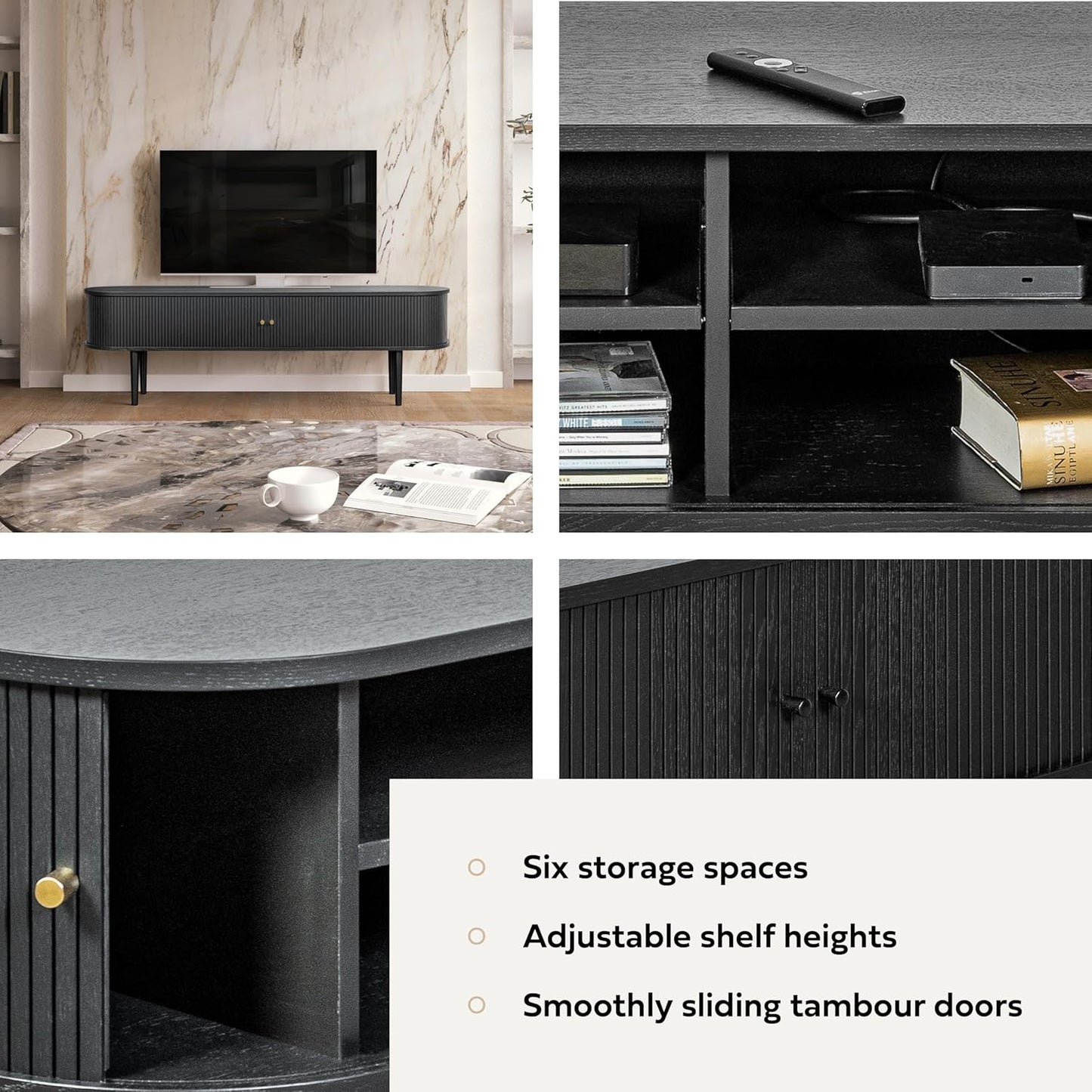 WERMO 71’’ Black TV Stand with Storage and Shelves for 65-75 Inch TVs. Black Entertainment Center with Doors for Living Room and Bedroom, Mid Century Modern Console Table, Media Cabinet (Black Oak)