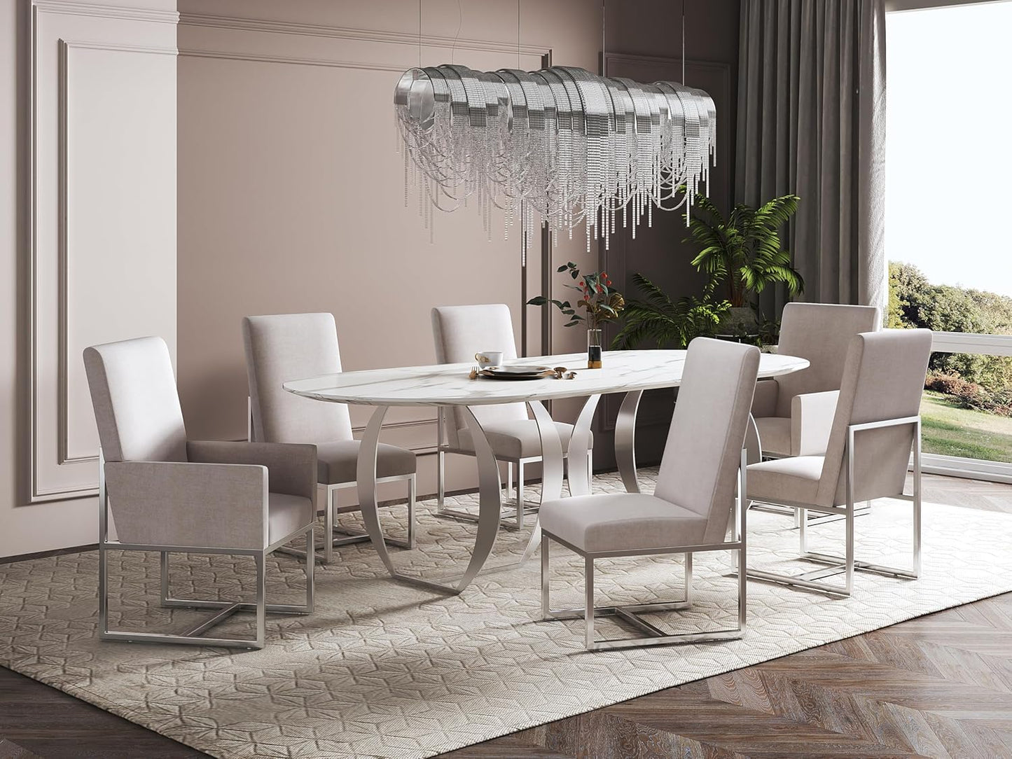 Manhattan Comfort Element Modern Velvet Dining Chairs, High Density Foam, Chrome Finish Stainless Steel Frame, High-Back, Fully Assembled Industrial Chic Accent Furniture, Set of 1, Champagne