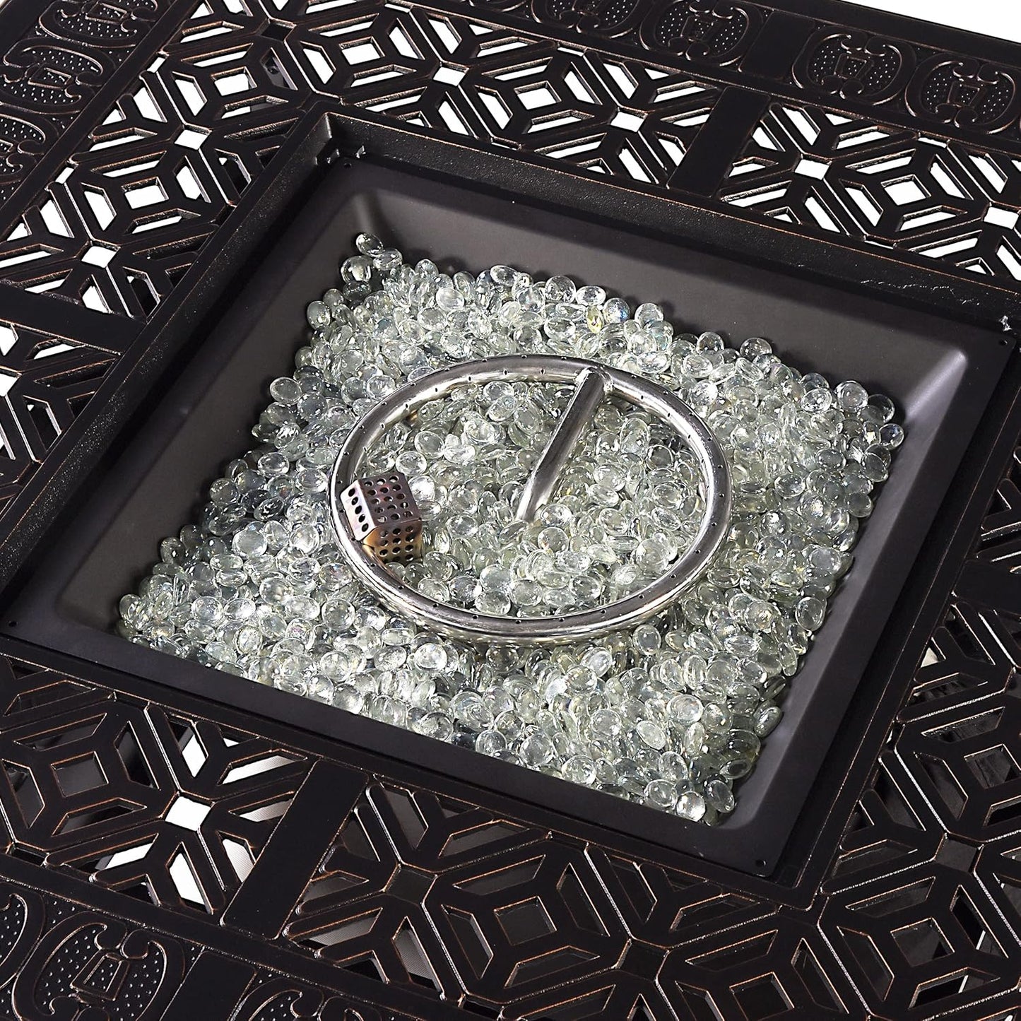 Oakland Living Black Aluminum Patio Fire Table Set with Four Deep Seating Loveseat, Cushions and Wind Blocker