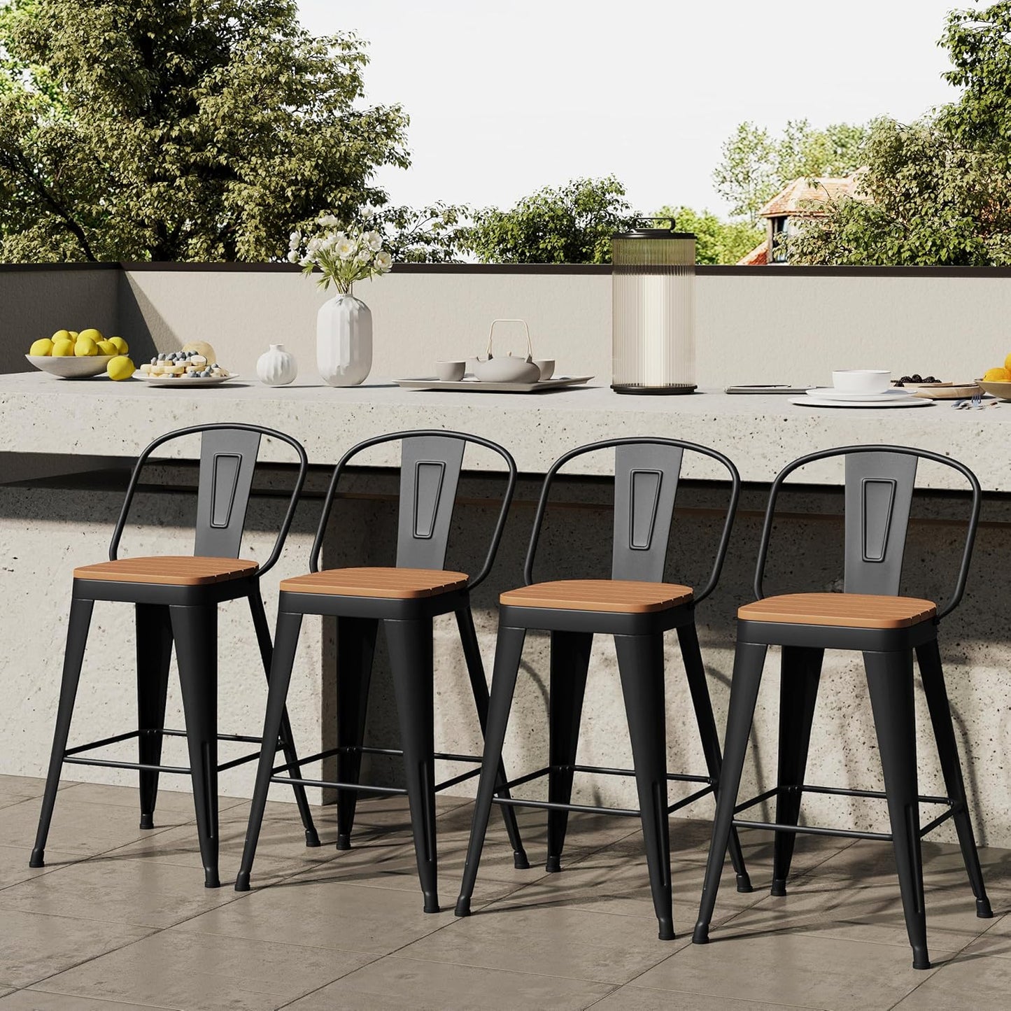 Outdoor Metal Bar Stools Set of 4,30 inch Barstools Counter Height Bar Stool with High Back Farmhouse Kitchen Dining Chairs Bar Funiture for Outside