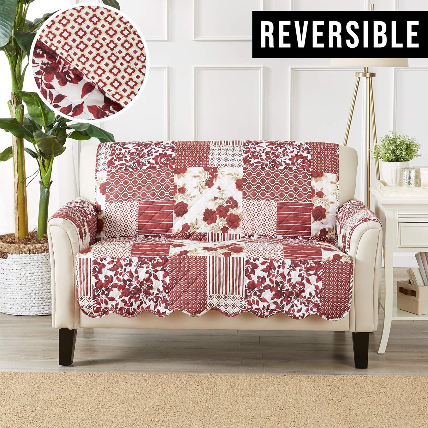 Great Bay Home Patchwork Scalloped Printed Furniture Protector Stain Resistant Loveseat Cover (Loveseat, Burgundy)