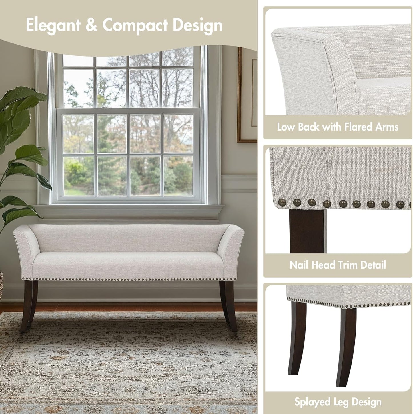 Madison Park Accent Bench for Living Room, Upholstered with Nailhead Trim, & Padded Seat Entryway Bench Small, End of Bed Bench with Back, 49.5" W x 19.25" D x 23" H, White Cream