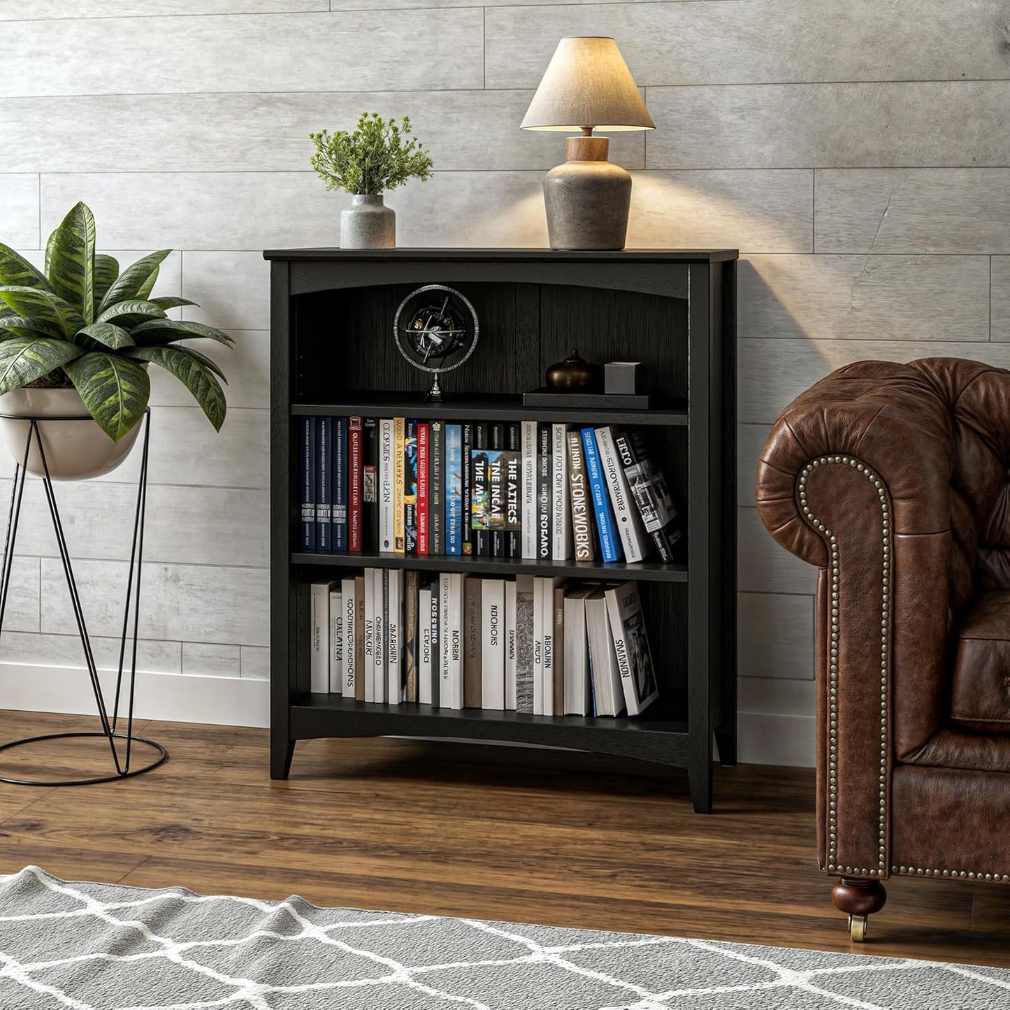 Camaflexi Shaker Style 3 Shelf Bookcase/Solid Wood / 36" High/Adjustable Shelving/Closed Back/Display Bookshelf for Living Room, Bedroom, Home and Office, Black