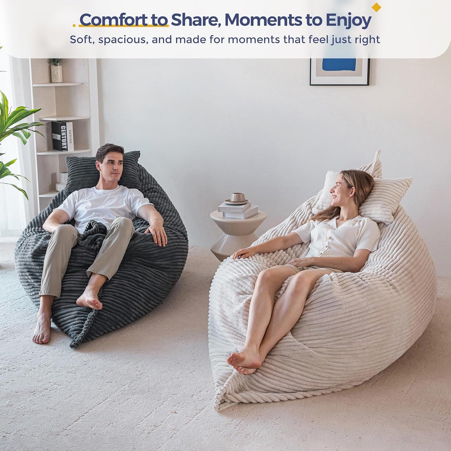 MAXYOYO Giant Bean Bag Chair with Pillow, 3 in 1 Convertible Bean Bag Chair for Adults with Washable Cover, Removable Floor Cushion Stuffed Floor Lounger for Living Room Bedroom, Dark Grey, Queen