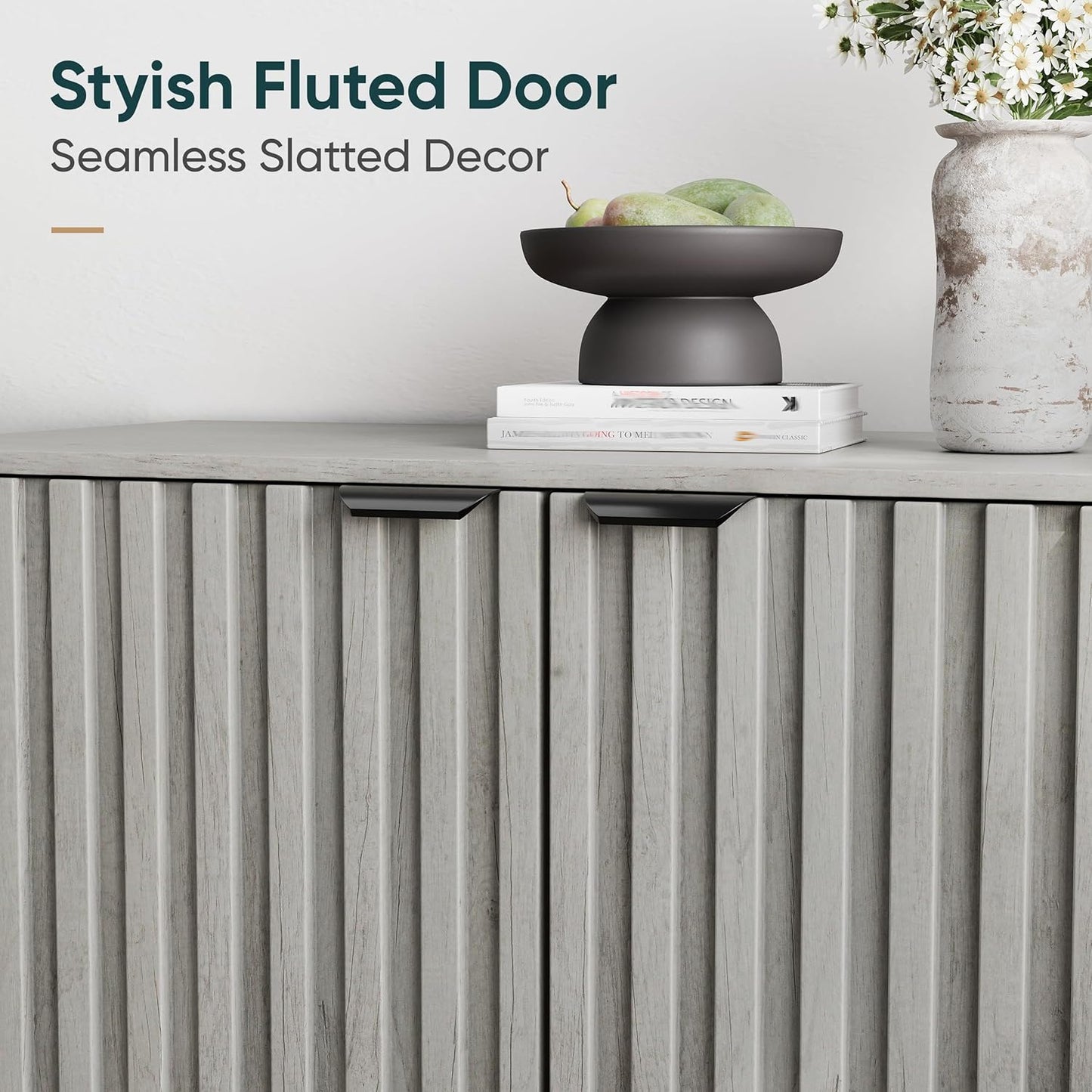 Semiocthome Gray Buffet Cabinet with Storage, Sideboard with Fluted Doors and Metal Legs, Storage Cabinet with Adjustable Shelf, Accent Table for Living Room, Dining Room, Kitchen, Entryway