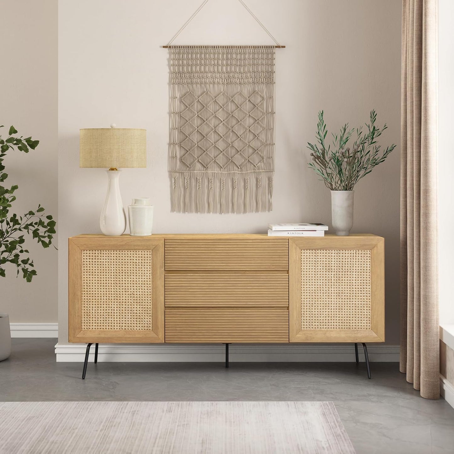 NTC MOSSIC Modern Sideboard with 4 Doors, Natural Rattan Storage Cabinet, Buffet with Metal Legs, Boho Accent Cabinet for Living Room, and Entryway, Effortless Assembly, Sand