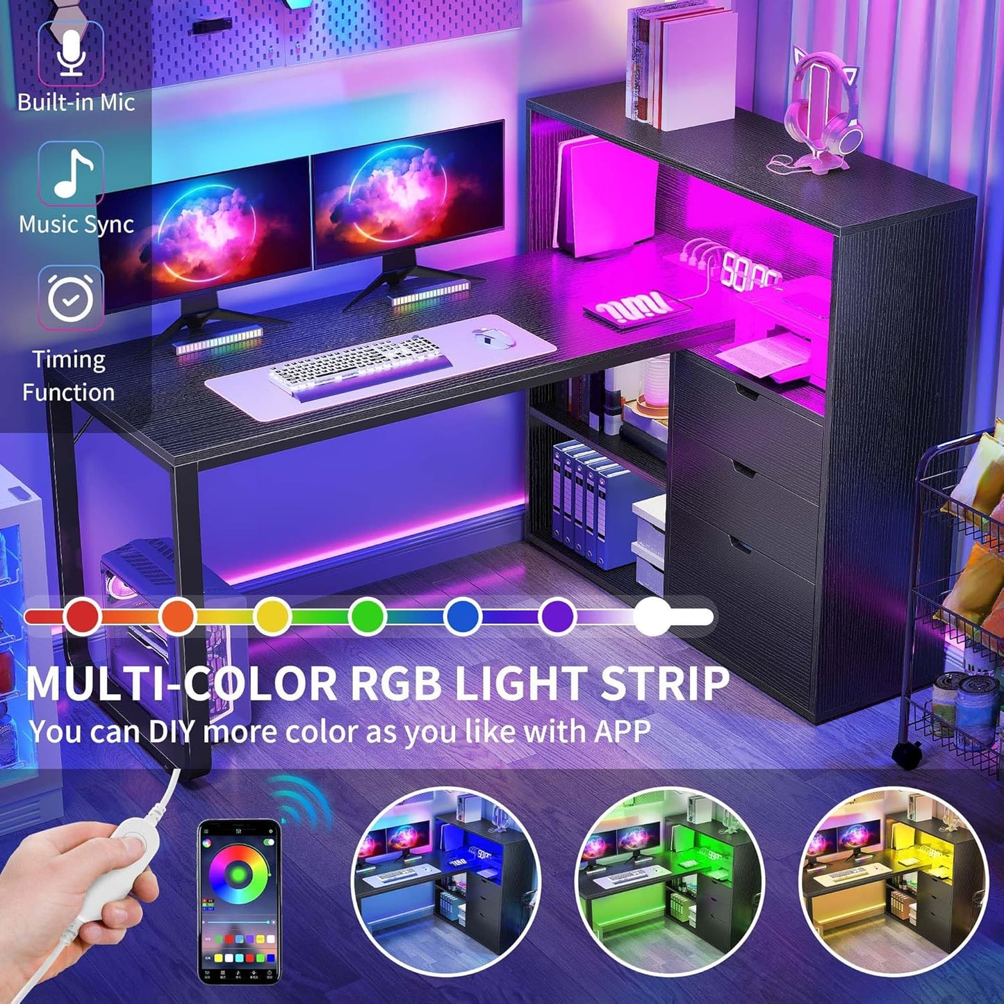 DWVO L Shaped Desk with Drawers, 55" Corner Computer Desk with Bookshelf & Power Outlets & LED Lights, Home Office Desk with Storage Shelves, Black