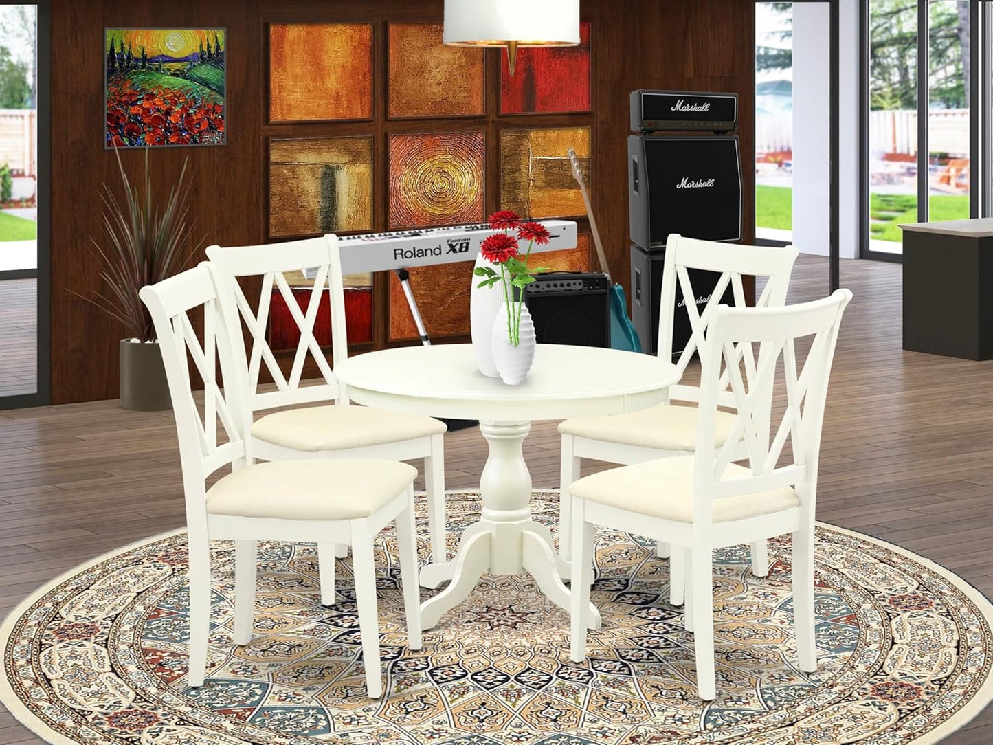 East West Furniture HBCL5-LWH-C 5 Piece Dining Table Set for 4 Includes a Round Kitchen Table with Pedestal and 4 Linen Fabric Dining Room Chairs, 42x42 Inch, Linen White
