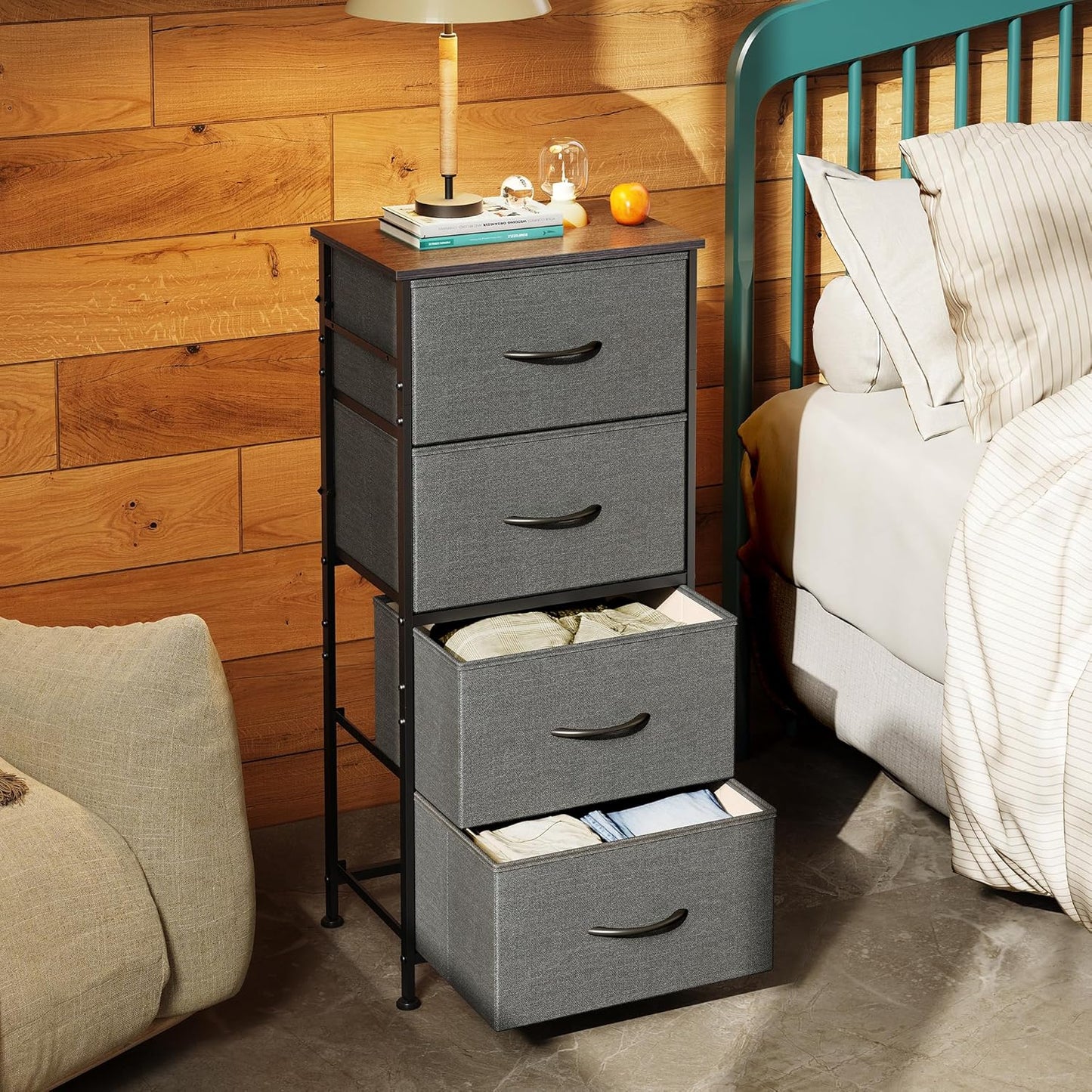 WLIVE Dresser with 4 Drawers, Storage Tower, Organizer Unit, Fabric Dresser for Bedroom, Hallway, Entryway, Closets, Sturdy Steel Frame, Wood Top, Easy Pull Handle, Dark Grey