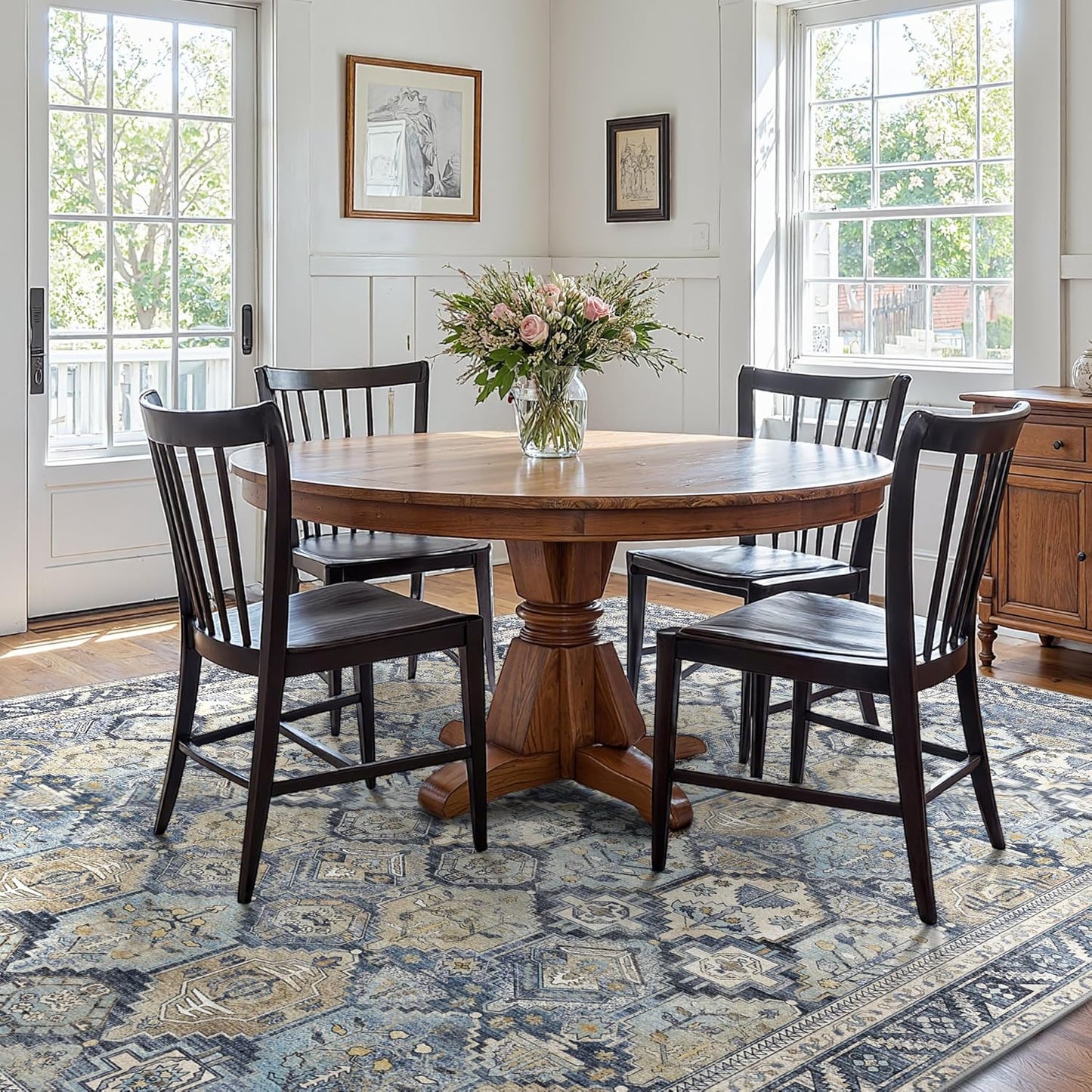 GENIMO 8x10 Area Rugs for Living Room, Machine Washable Non Slip Vintage Rugs, Low Pile Lightweight Chenille Print Rug for Bedroom, Dining Room, Home Office, Brown Blue