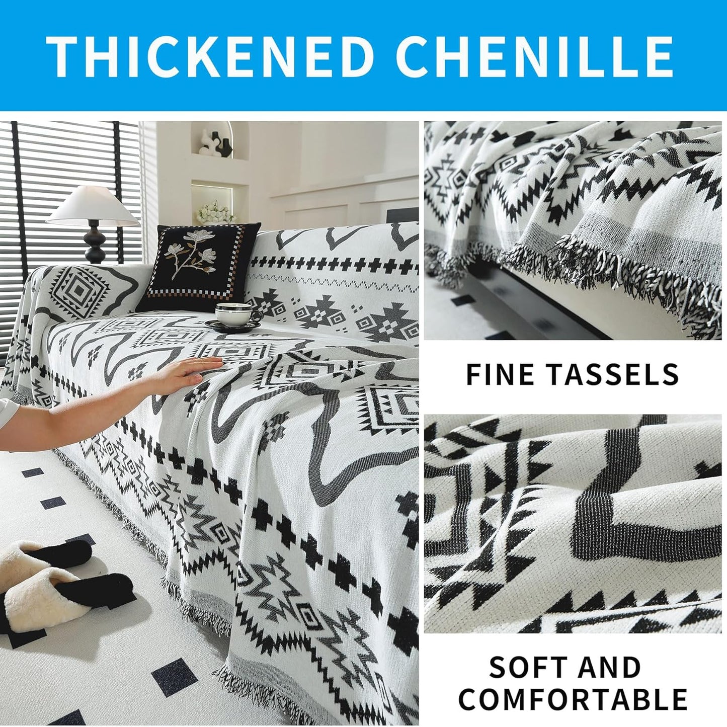 LUFEIJIASHI Boho Couch Covers for Sofa Non Slip Sofa Covers Washable Couch Covers for 3 Cushion Couch Sofa Pet Friendly Sectional Couch Cover Blanket Furniture Protector for Dogs (Black, 91"x118")