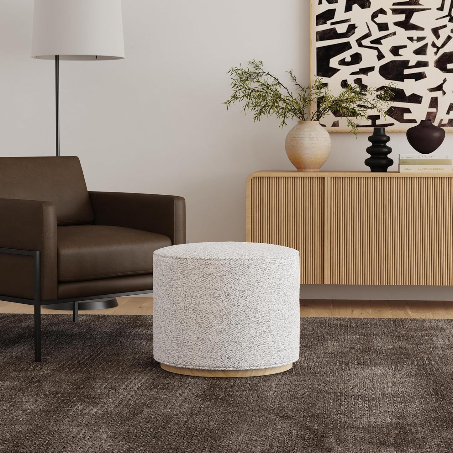 Bouclé Ottoman with Wooden Base – 22” Round Upholstered Footrest, Cream Bouclé with Gray Yarns, Modern Accent Stool for Living Room & Bedroom