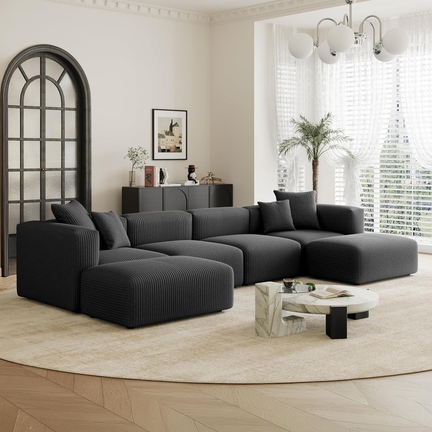 Acanva Convertible Modular Sectional Sofa with Movable Ottomans, Free Combination Corduroy Couch for Living Room Apartments, U-Shaped, Black