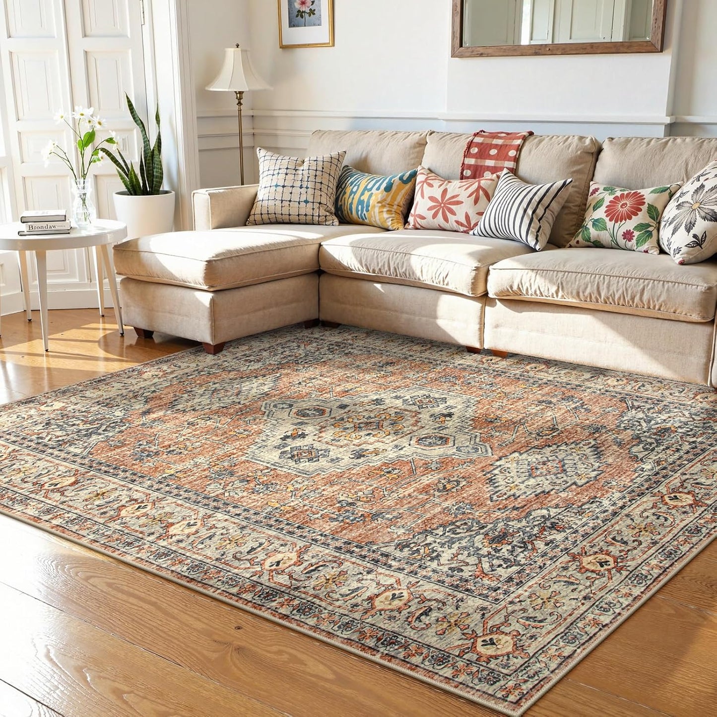 Lahome Oriental Washable Rugs 5x7, Soft 5x7 Rug for Bedroom Living Room, Ultra-Thin Non Slip Stain Resistant Vintage Throw Carpet for ‎Dining Room Office, Peach/Orange