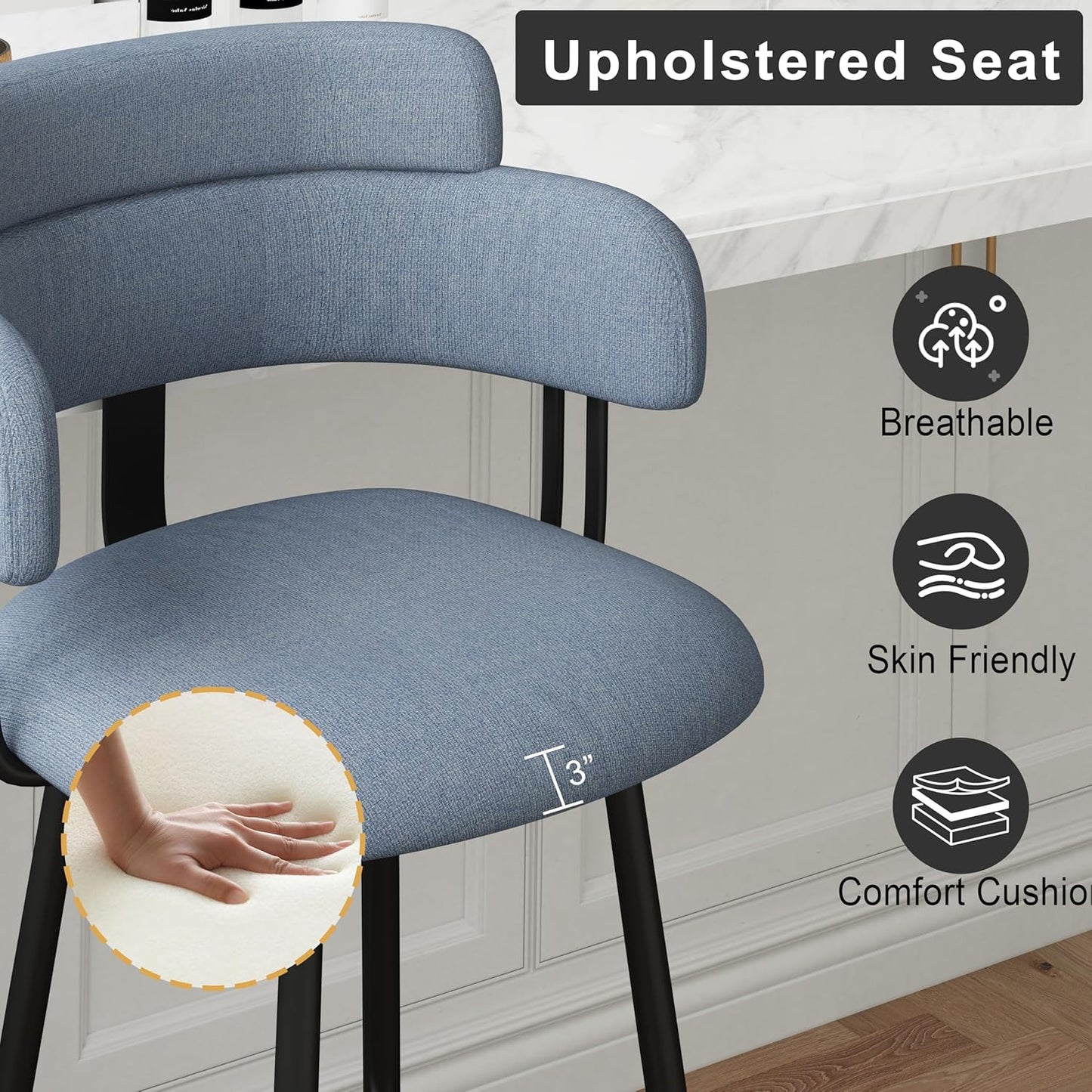 Swivel Bar Stools Set of 2, Counter Height Bar Stools with Ergonomic Full Back, Upholstered Linen Fabric Barstools with Chrome Metal Footrest for Kitchen Island, Dining Room