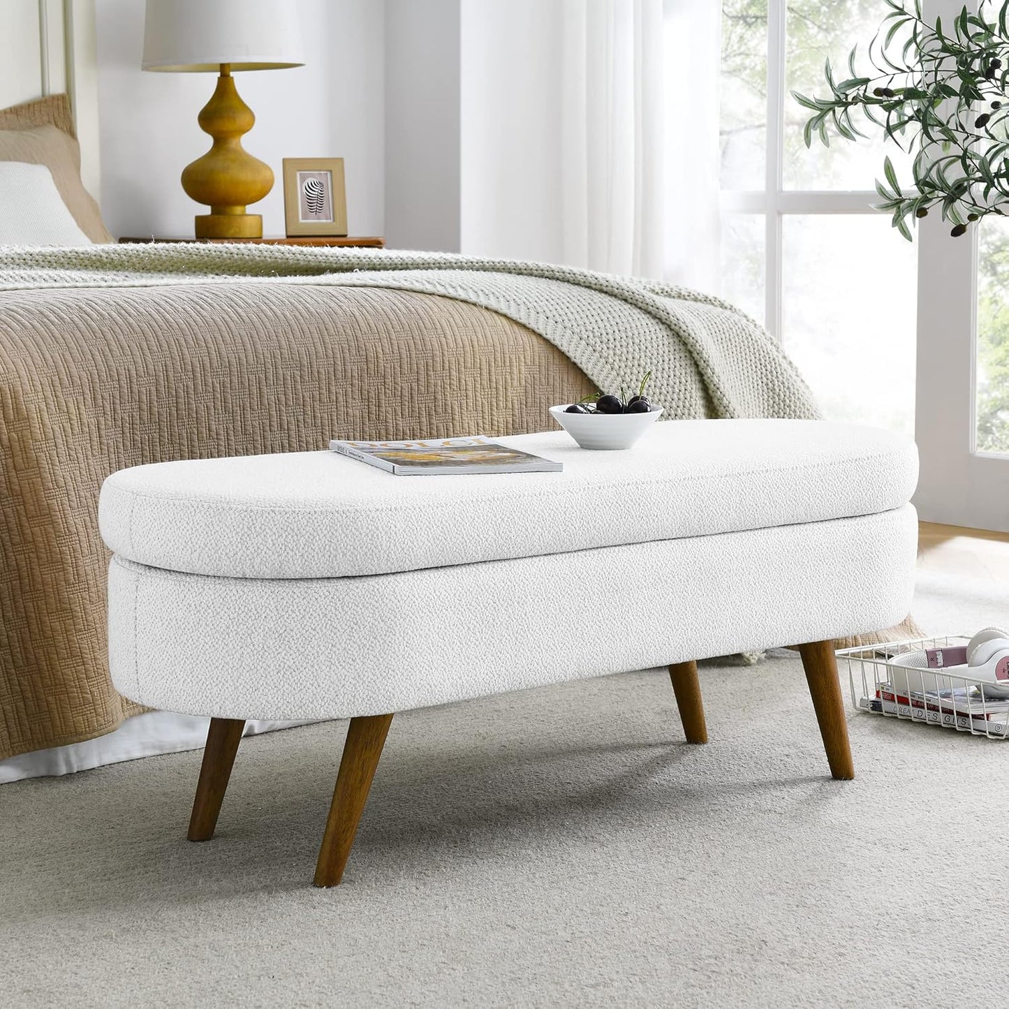 Ottoman Oval Storage Bench with Rubber Wood Legs,Linen Fabric Storage Footstool,for Bedroom, Entryway, Living Room, White(43.5"x16"x16")