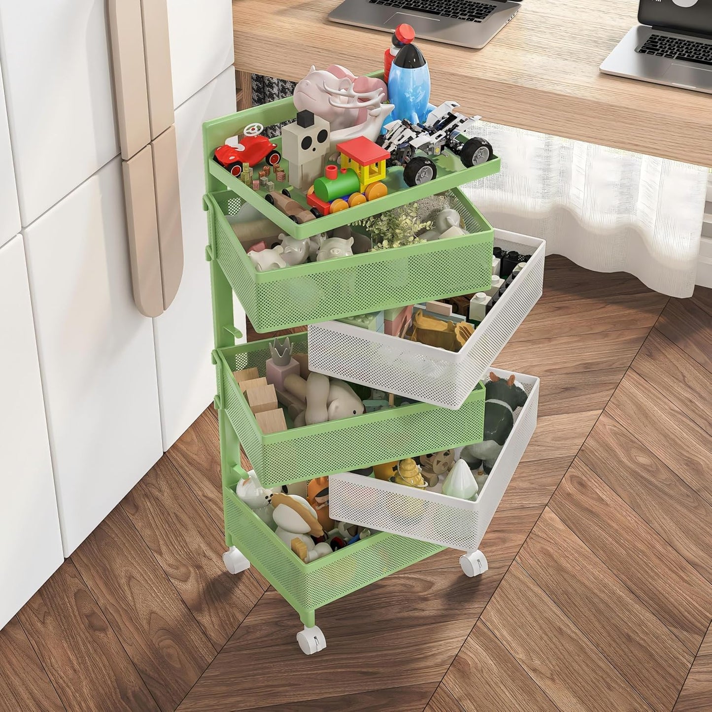 Rotating Kitchen Storage Rack No Assembly, Fruit Basket,Bathroom Storage Cart,Kitchen Organizers and Storage Cart on Rolling Wheels(Green White, 5 Tier-Square)