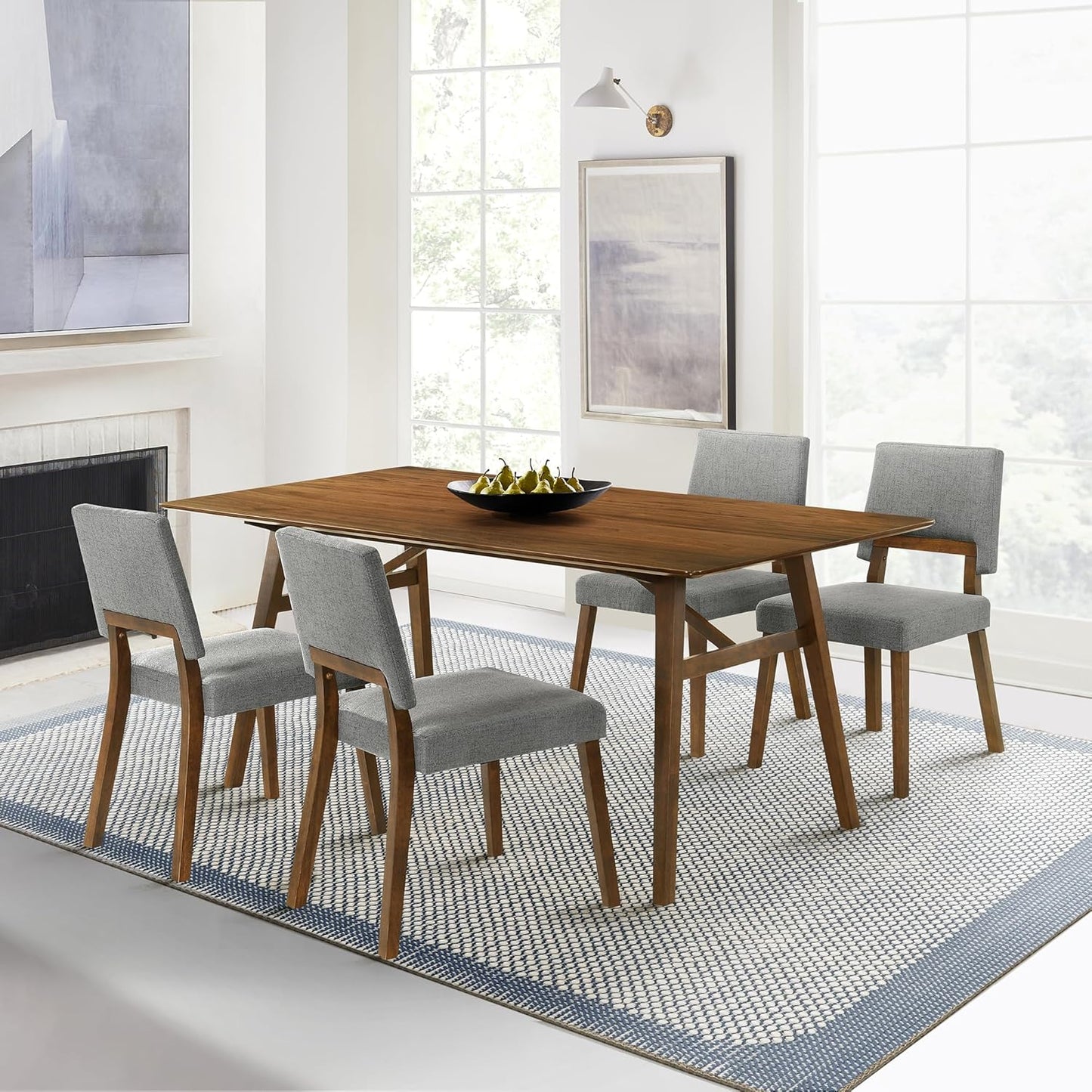 Armen Living Channell Mid Century Modern 5 Piece Walnut Wood Dining Table Set with Charcoal Fabric