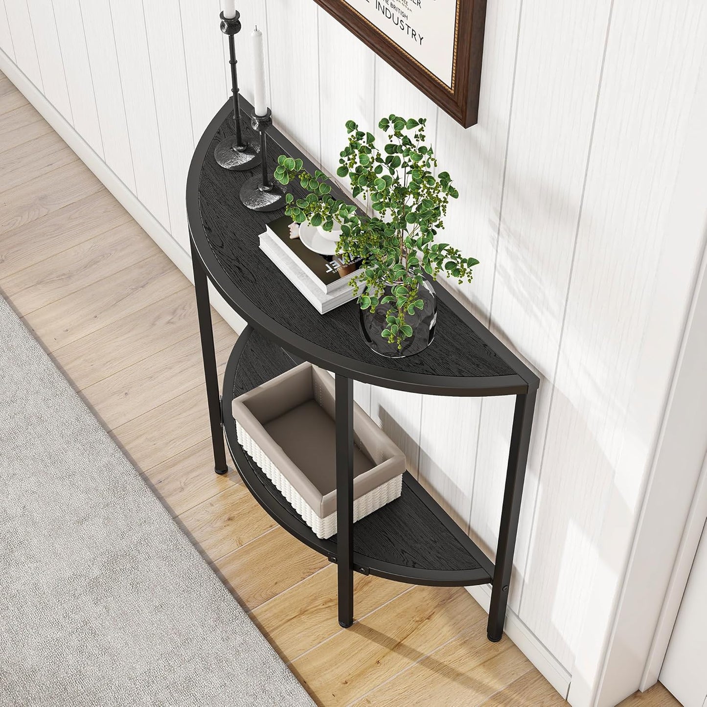 Console Table 2 Tier Narrow Entryway Table with Storage,Half Moon Sofa Couch Table with Metal Frame,Wooden Accent Side Coffee Table for Living Room/Hallway or Small Spaces,Black