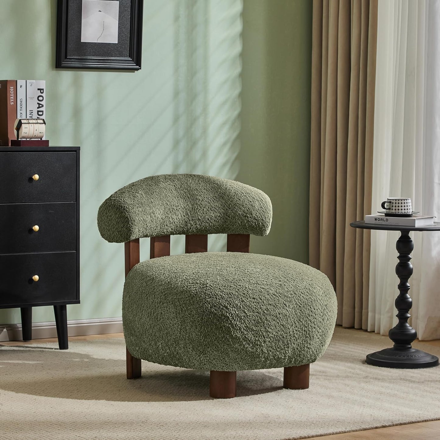 Christopher Knight Home Elvina Boucle Fabric Accent Chair, Solid Wood Single Lounge Sofa, Bedroom Comfy Reading Chair, for Modern Minimalist Style Living Room/Home Office, Olive Green