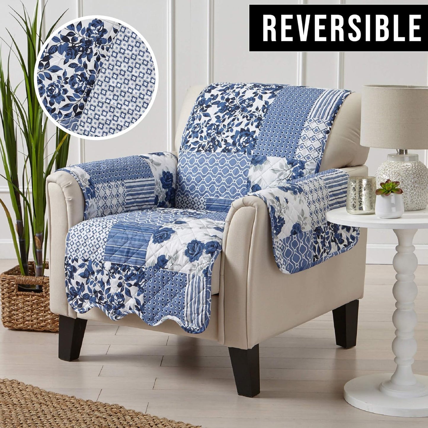 Great Bay Home Patchwork Scalloped Printed Furniture Protector Stain Resistant Chair Cover (Chair, Navy)