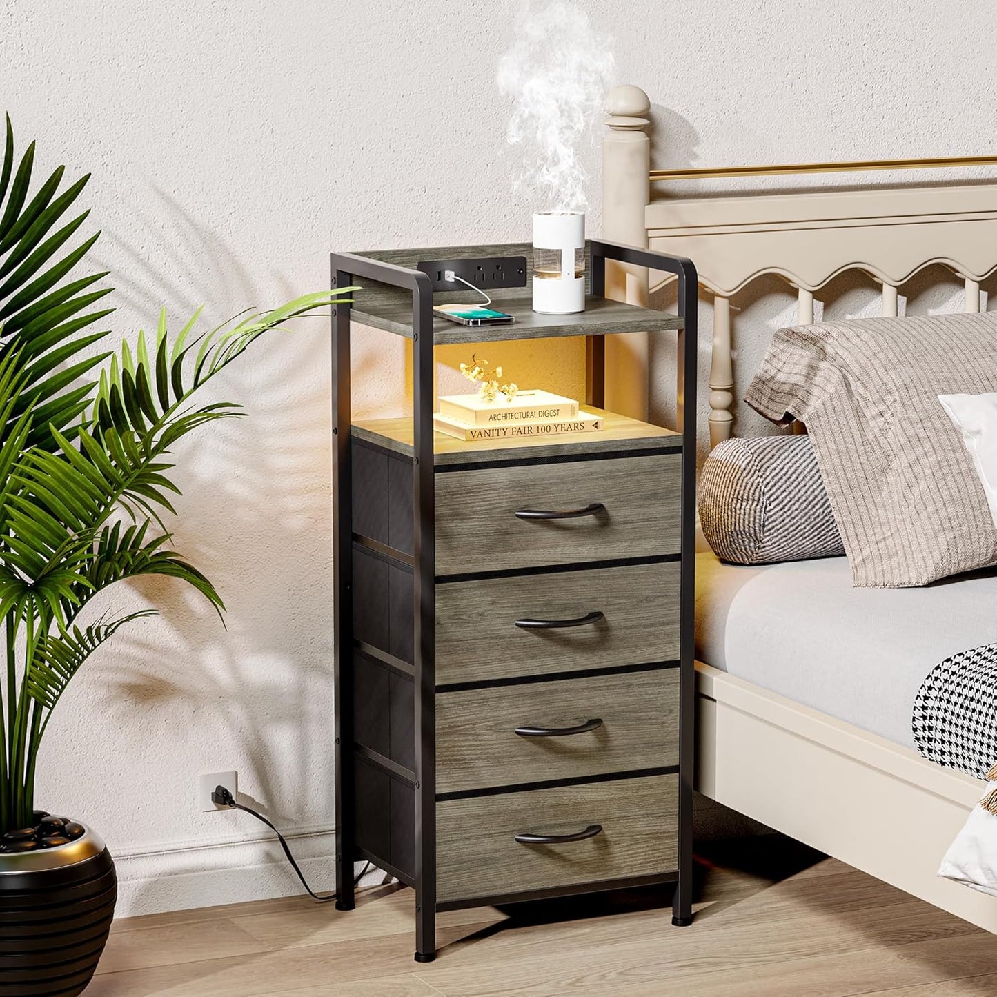 Grey NightStand with Charging Station - Morden Nightstand with USB Ports & AC Outlets, Grey End Table with Storage Shelf & 4 Fabric Drawers, LED Light Strip