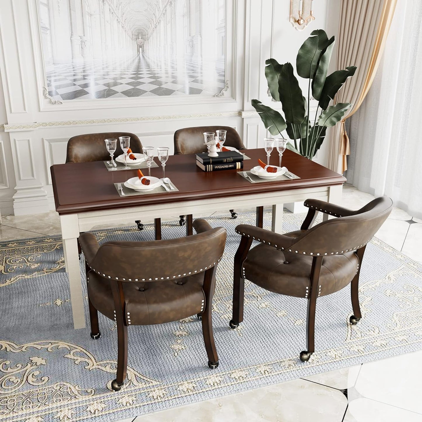 LEEMTORIG Large Dining Chairs with Casters and Arms, Rolling Dining Chairs with Wheels, Game Poker Table Chairs, Boss Caption's Chairs, 26"D x 25.2"W x 31.5"H, Espresso Legs & Choalate PU, XXY-1910-BN