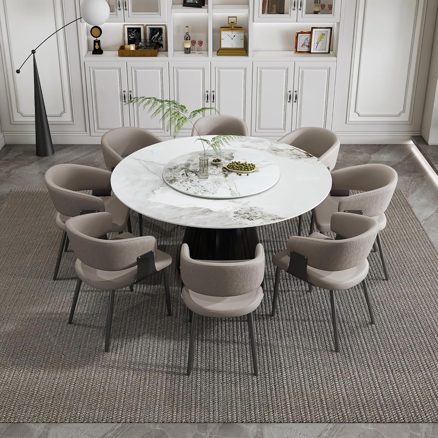 Ball & Cast 9-Piece Dining Set,Faux Marble Table with Detachable Rotating Tray & 8 PU Leather Chairs,Modern Kitchen Dining Room Table Set w/Stainless Steel Base,for Restaurant & Home,Grey