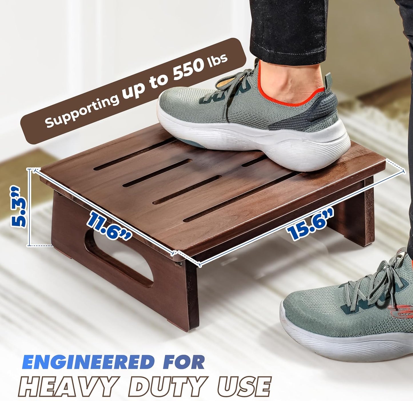 Wooden Step Stool, 5.3" One Step Stool for Adults with Built-in Handle, Supports up to 550lbs, Durable & Non-Slip Bedside Stool for Bedroom, Kitchen, Bathroom or High Beds