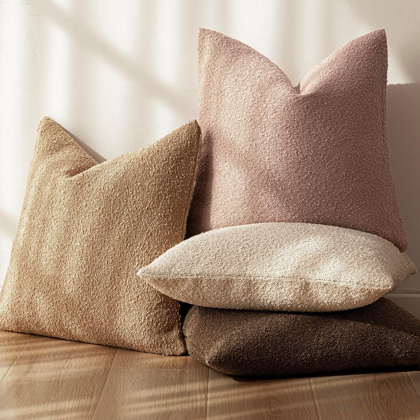 Foindtower Set of 2, Decorative Textured Boucle Throw Pillow Covers Accent Solid Pillow Cases Neutral Soft Couch Cushion Case for Chair Sofa Bedroom Living Room Home Decor 24 x 24 Inch Light Pink