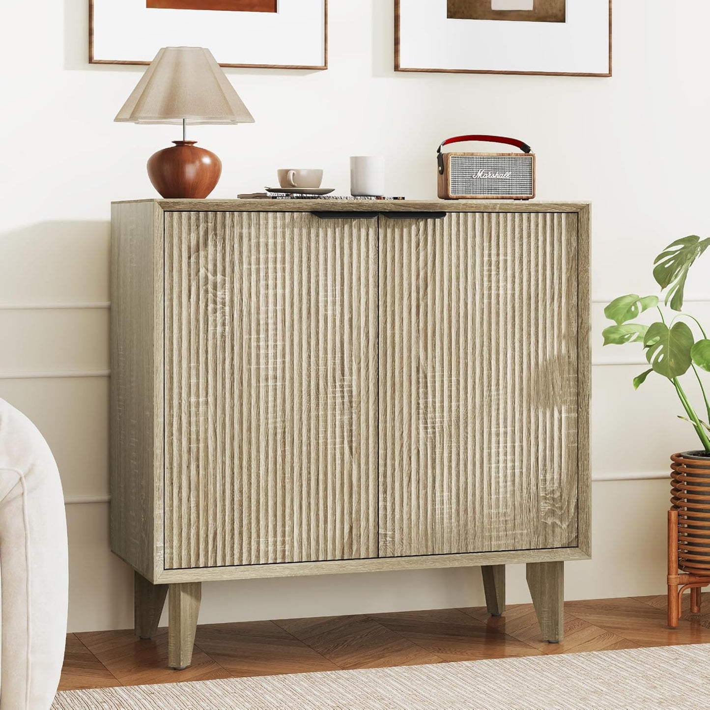 Fluted Cabinet with Storage, Small Buffet Storage with Doors, Buffet Sideborad Accent Cabinet with Adjustable Shelves for Living Room, Kitchen, Entry, Hallway, Natural
