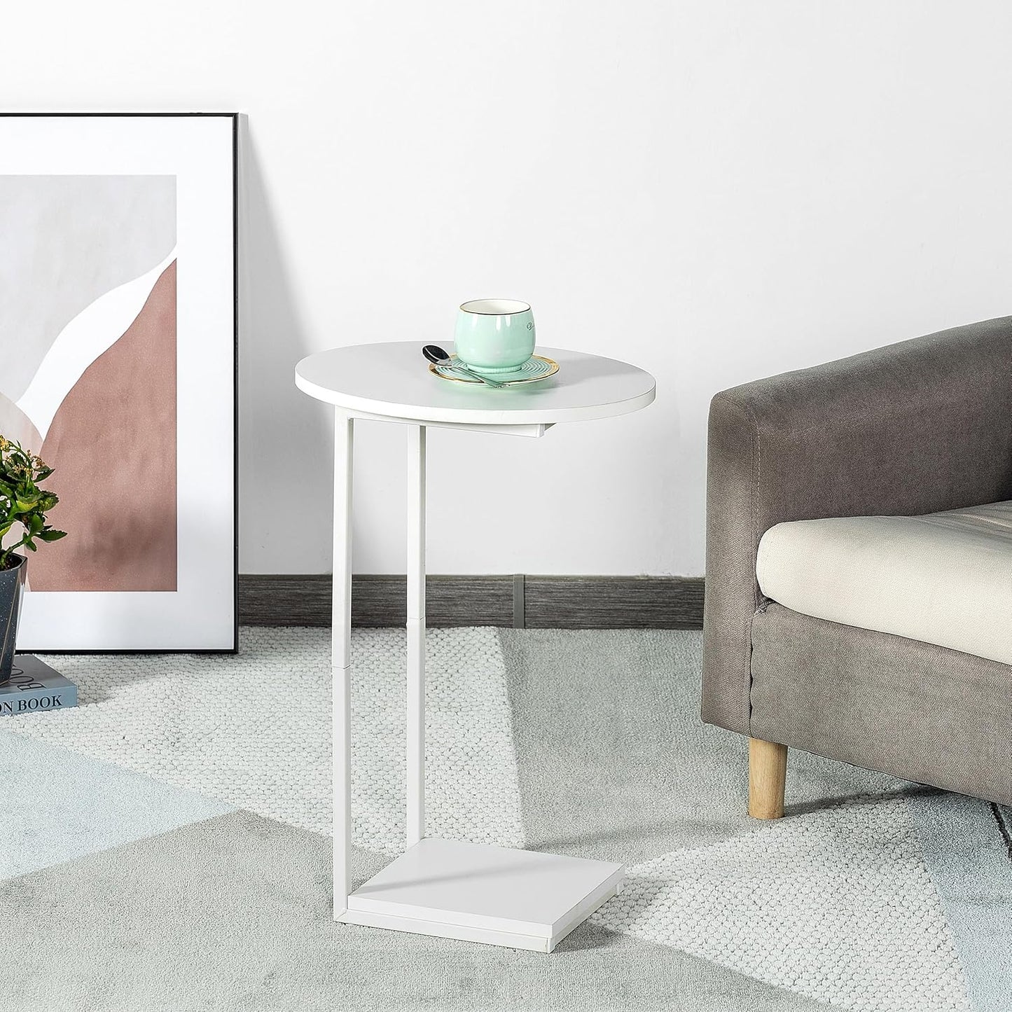 HDANI C Table Small End Table,Couch Tables That Slide Under,C Shaped Oval Side Table for Living Room,Bedroom,Small Spaces,White