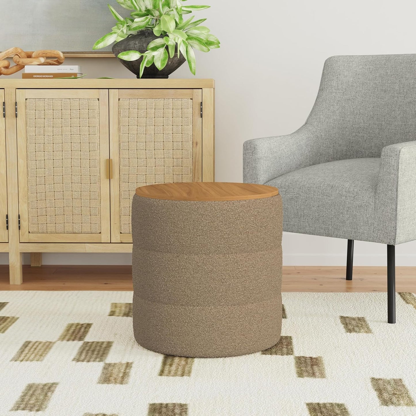 HomePop Channel Storage Ottoman with Wood Top - Brown Boucle