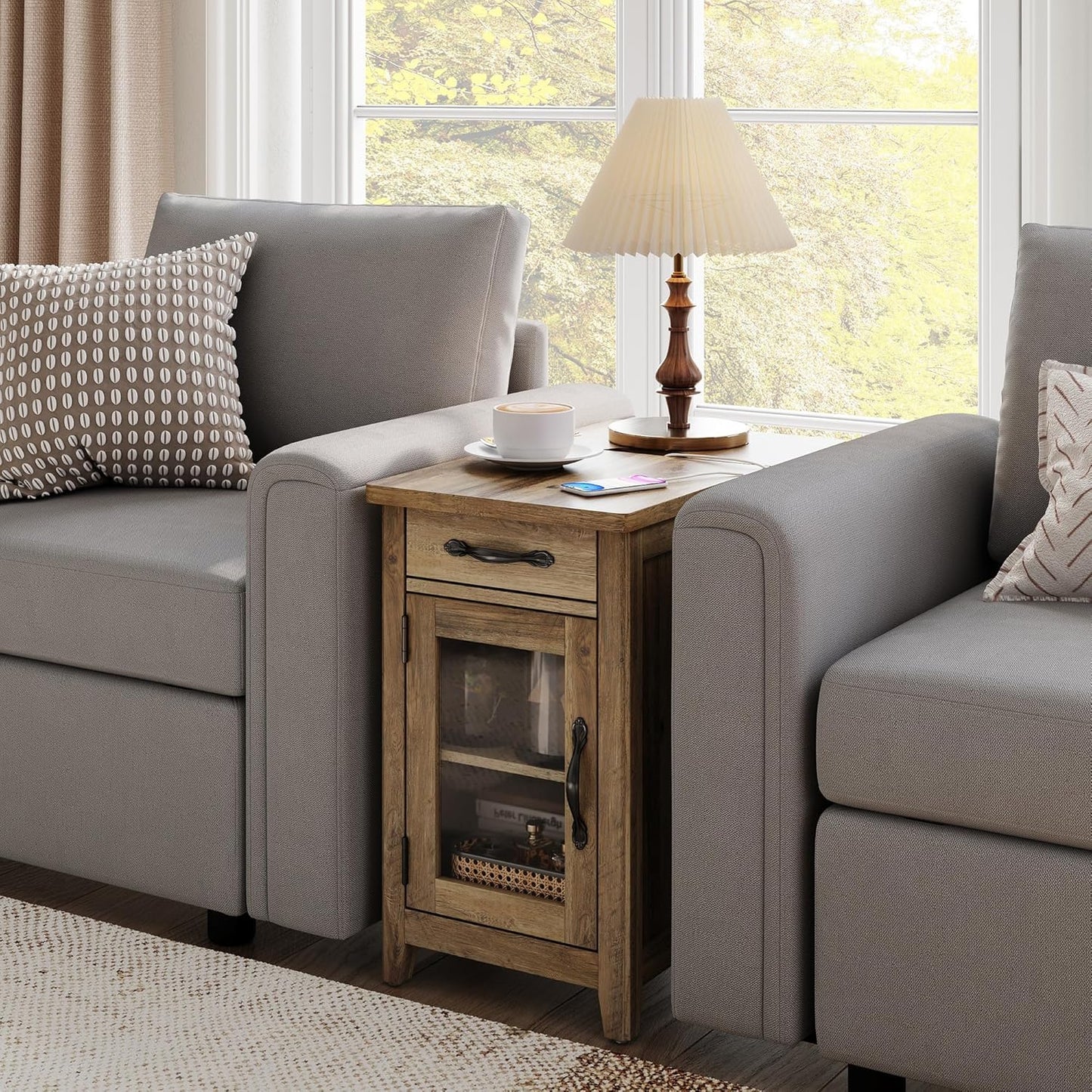 LINSY HOME End Table Set of 2 with Charging Station, Modern Farmhouse Sofa Couch Side Table, Wooden Bedside Table for Living Room, Nightstand with Storage Cabinet for Small Space, Brown, Glass Door