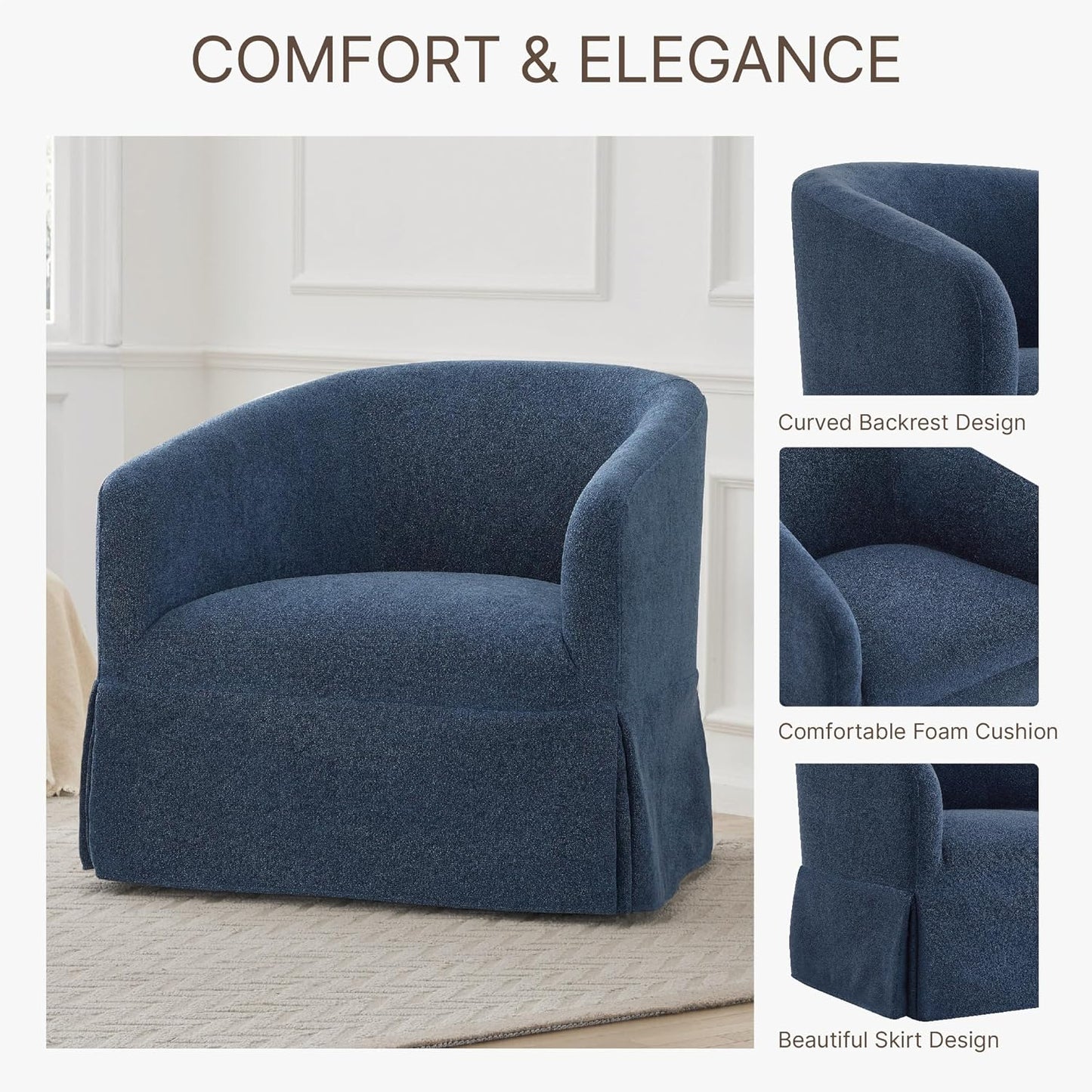 Swivel Accent Chair, 360 Degree Performance Fabric Armchair Modern Barrel Chairs Armchair for Living Room Bedroom Home and Office,Blue