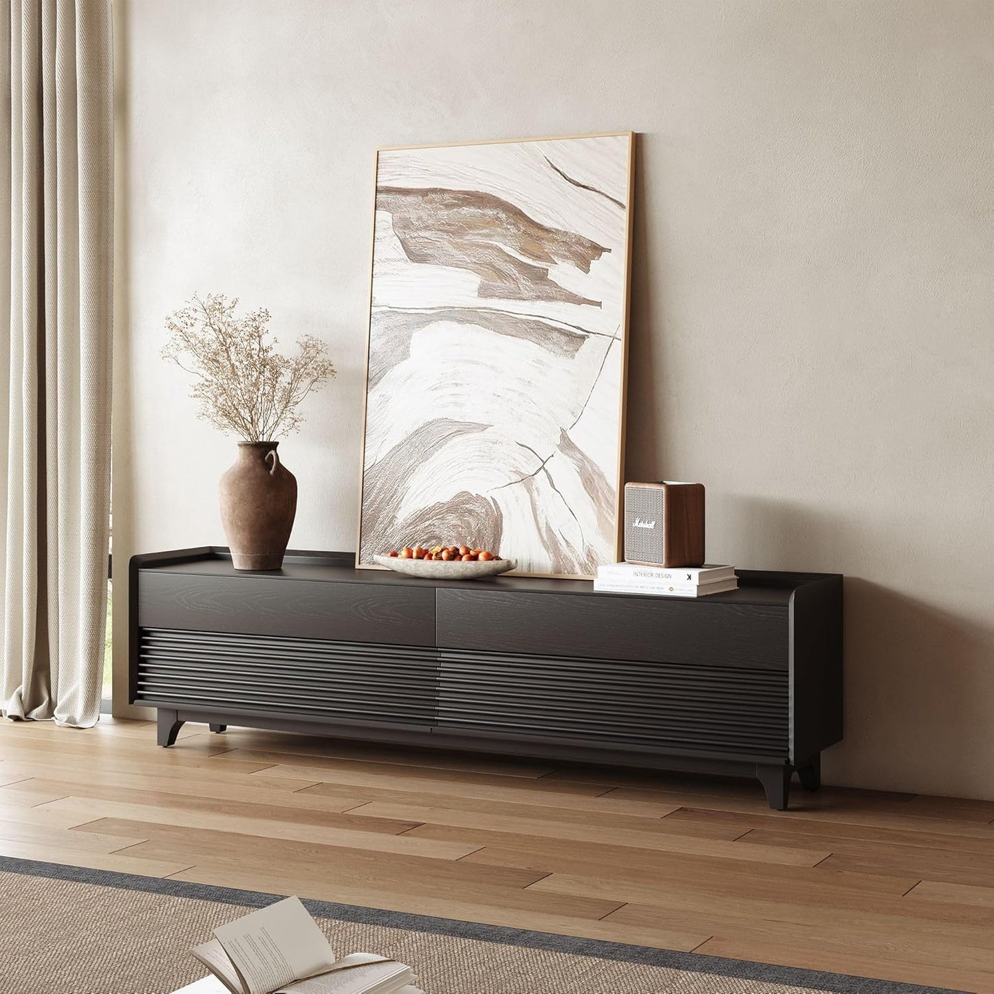 POVISON Fully-Assembled Mid Century Modern TV Stand with Legs, 78.74" Wood Media Console with Adjustable LED Light, Entertainment Center with Storage for Living Room