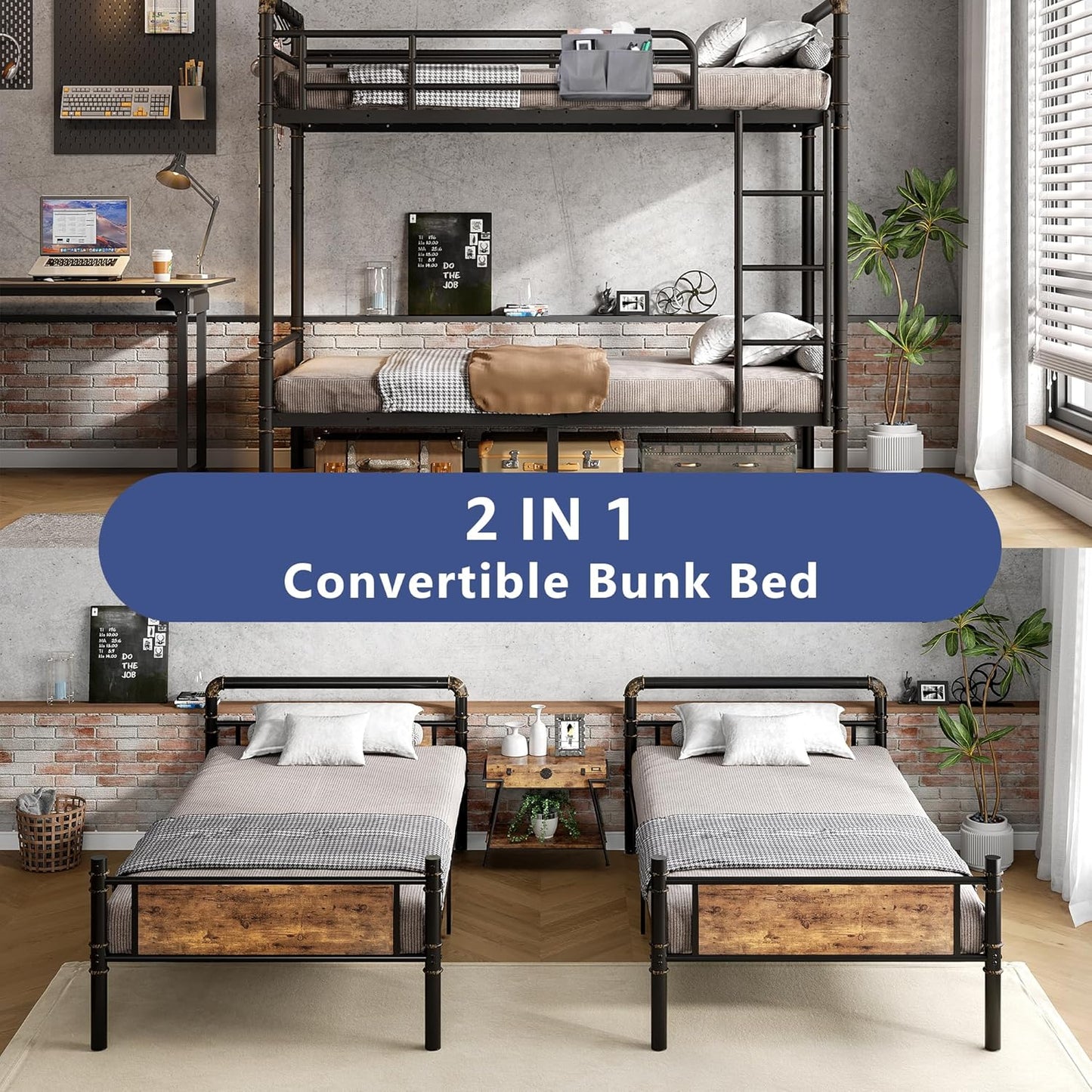 Metal Bunk Bed Twin Over Twin, Industrial Bunkbeds Heavy Duty Bed with Safety Guard Rails and Space-Saving Design, Steel Bed for School, Bedroom (Vintage Brown)